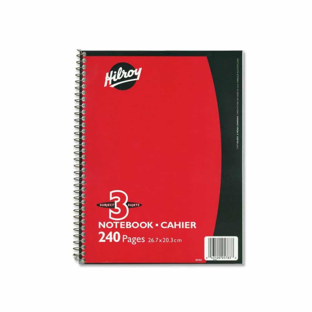 Cahier à reliure spirale Hilroy 3 sujets, 240 pages