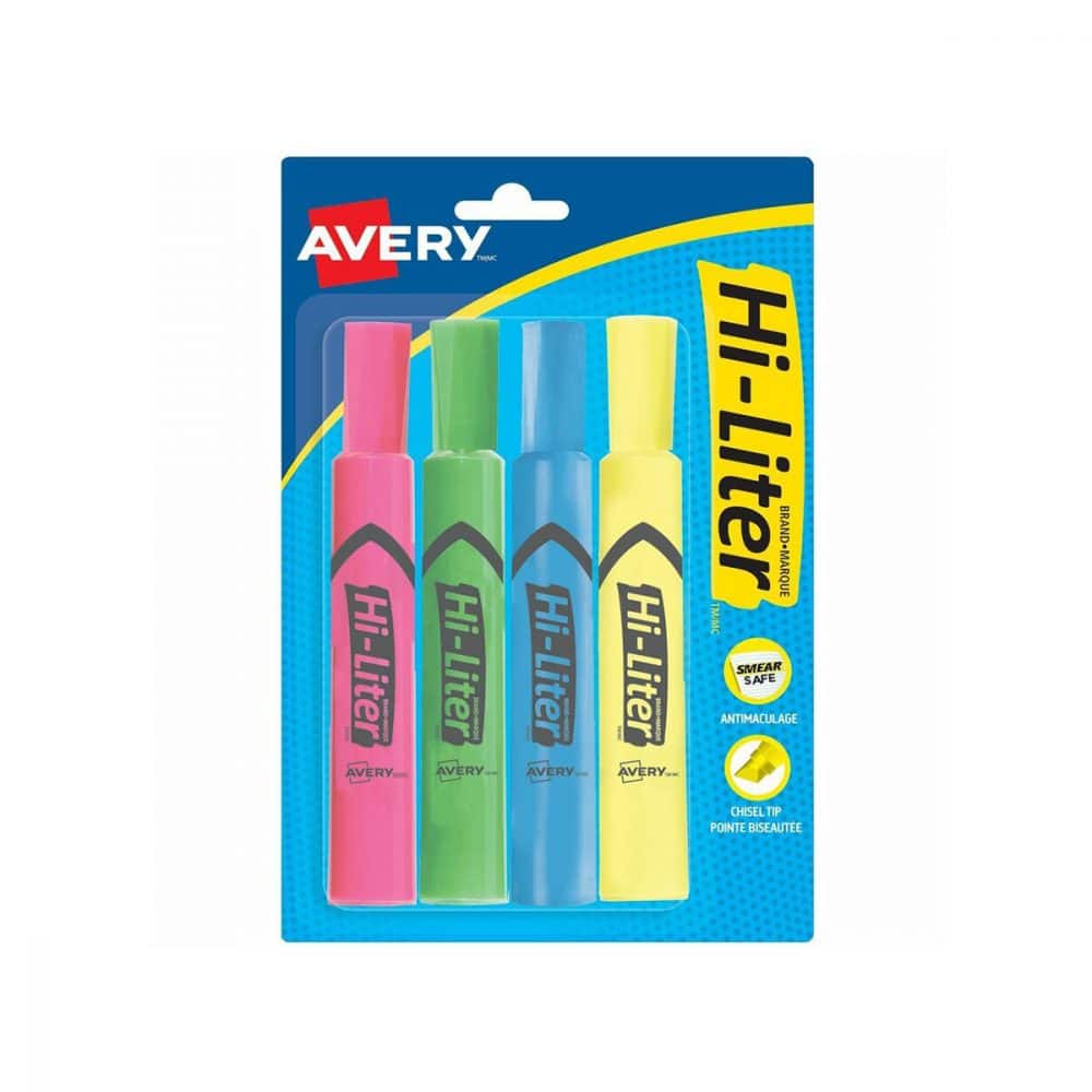 Paquet de 4 surligneurs Hi-liter (rose, vert, bleu et jaune)