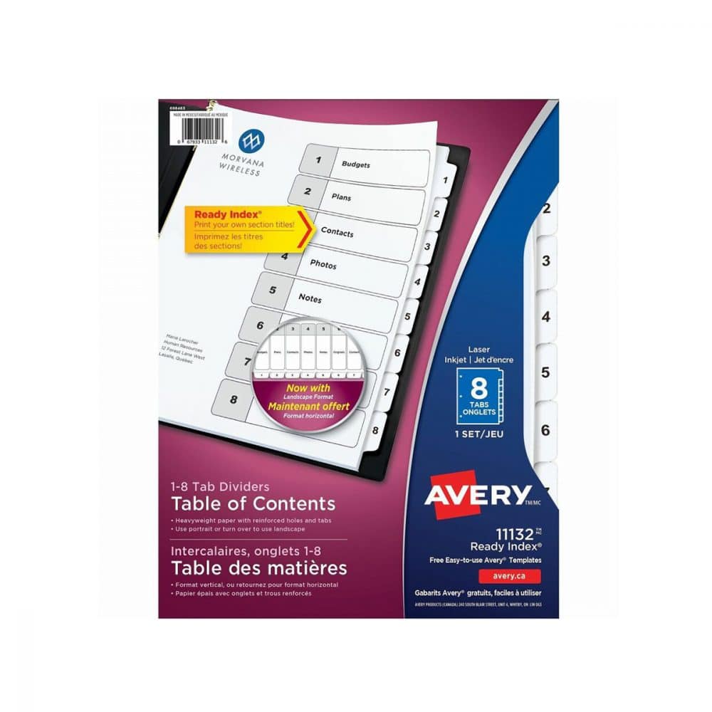 Intercalaires Avery Ready Index numérotés 1-8