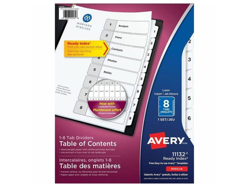 Intercalaires Avery Ready Index numérotés 1-8