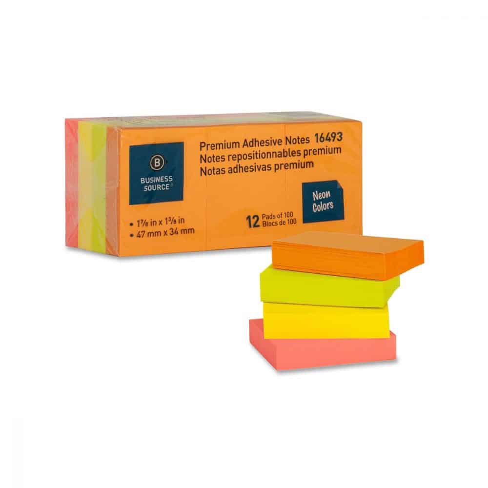 Feuillets autoadhésifs néons 1-1/2 x 2 po paquet de 12 blocs