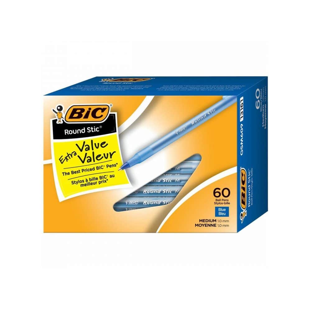 Boite de 60 stylos Bic Round Stick pointe moyenne - bleu