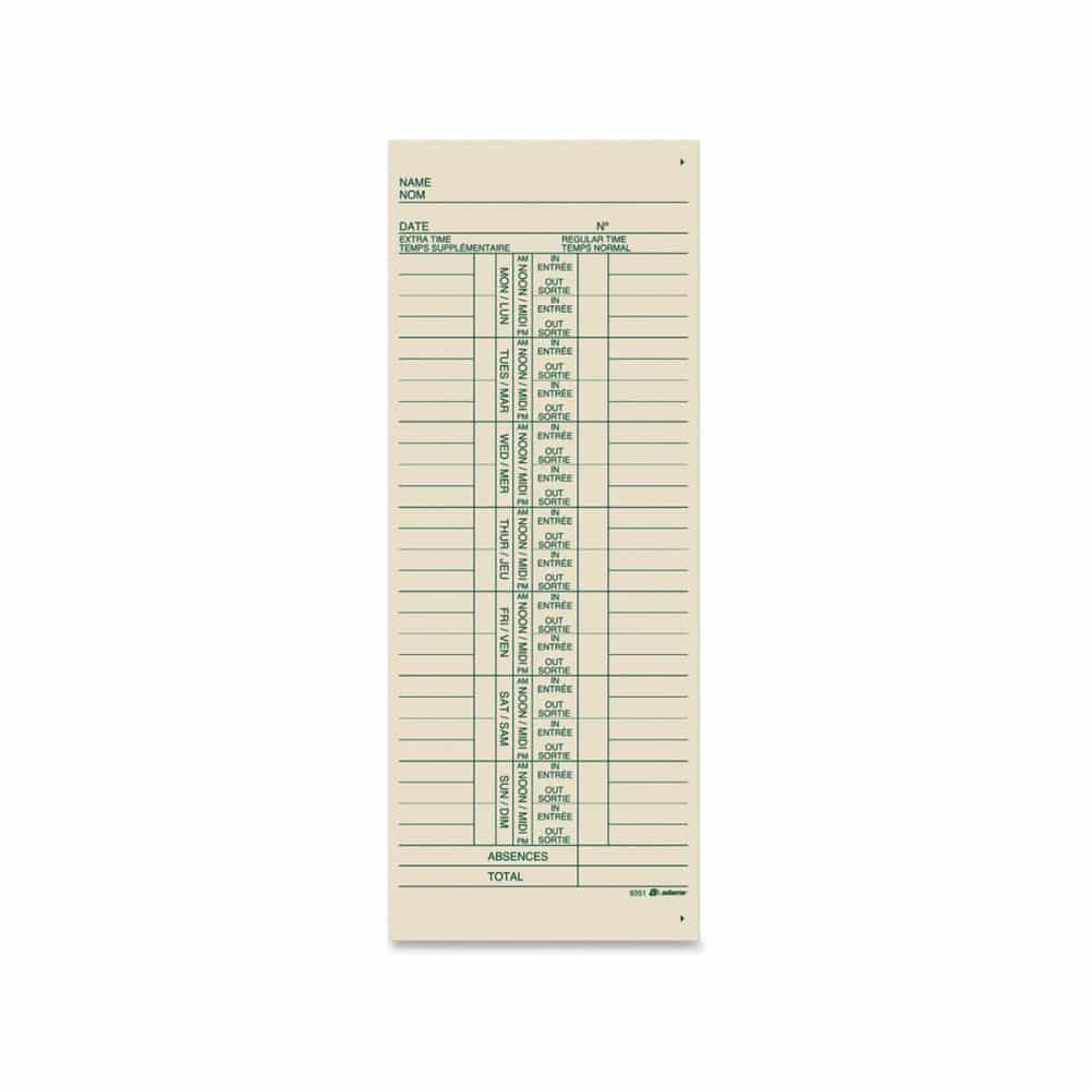 Cartes de temps hebdomadaire bilingue paquet de 250