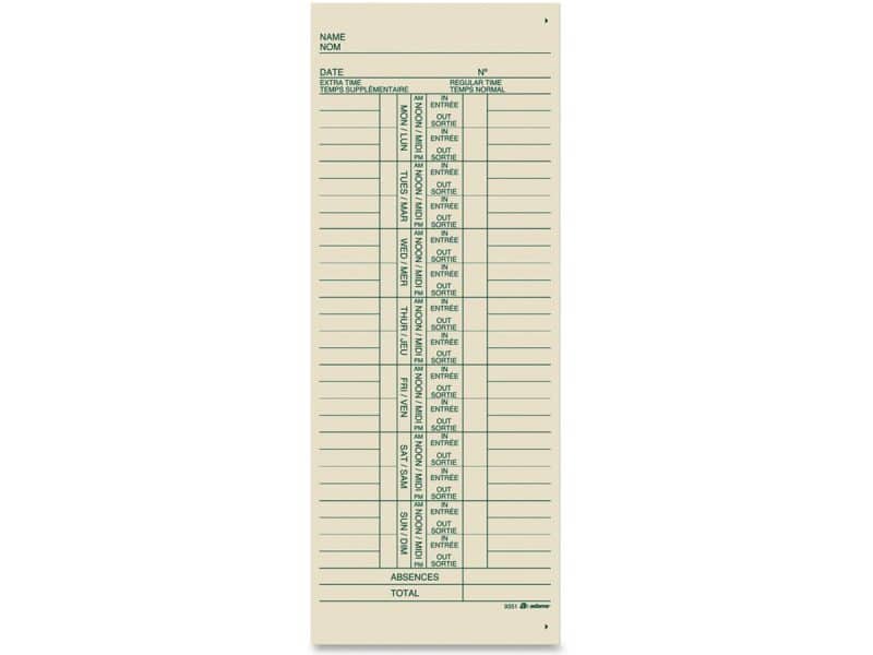 Cartes de temps hebdomadaire bilingue paquet de 250