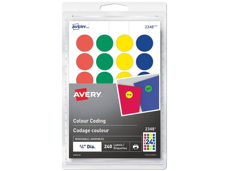 Étiquettes de codage couleur rondes Avery 0.75 po - assortie