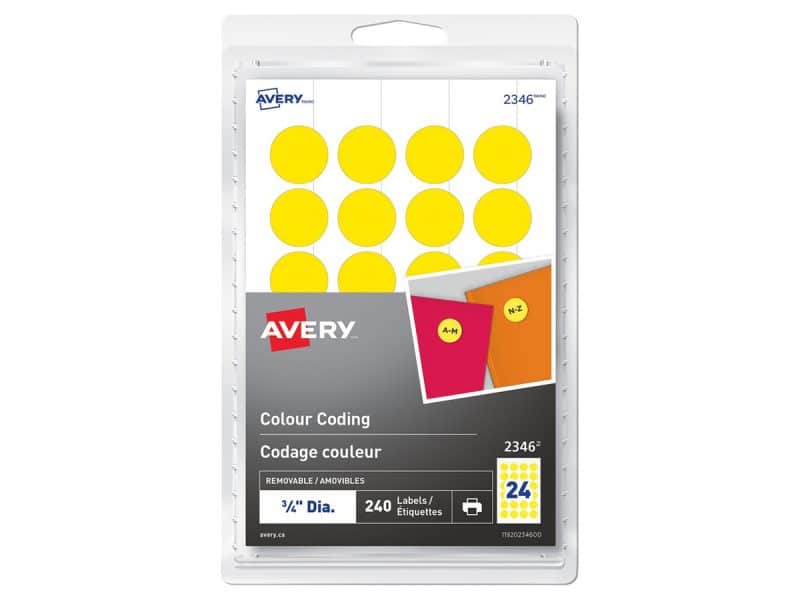 Étiquettes de codage couleur rondes Avery 0.75 po - jaune