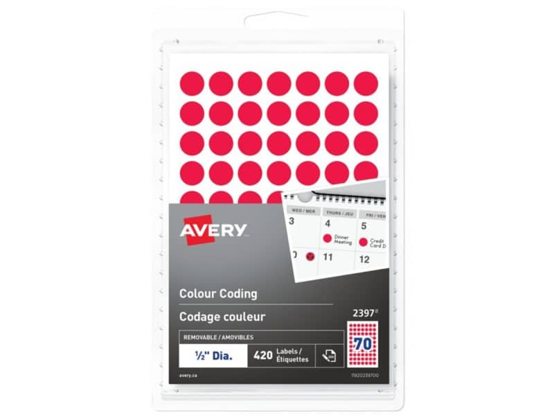 Étiquettes de codage couleur rondes Avery 0.5 po - rouge