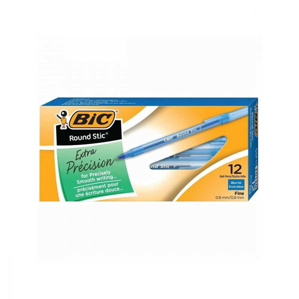 Boîte de 12 stylos Bic Round Stic pointe fine - bleu