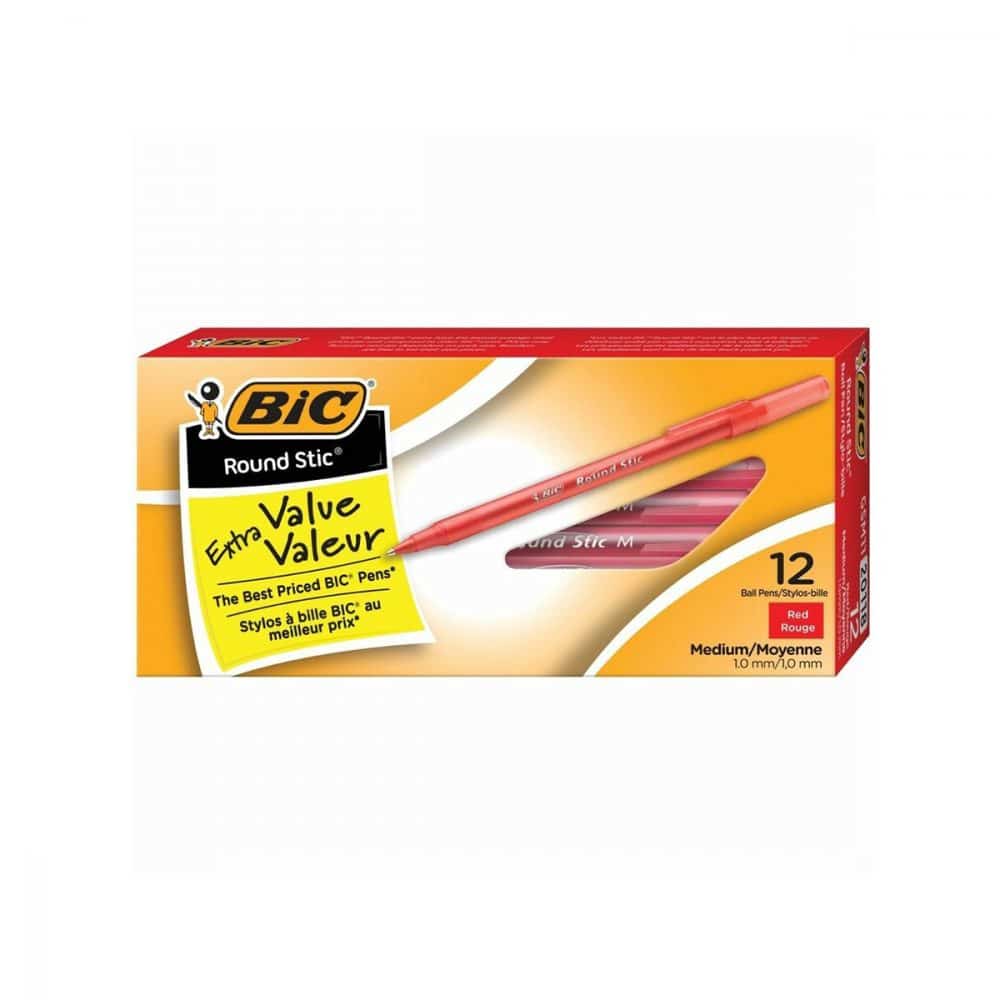 Boîte de 12 stylos Bic Round Stic pointe moyenne - rouge