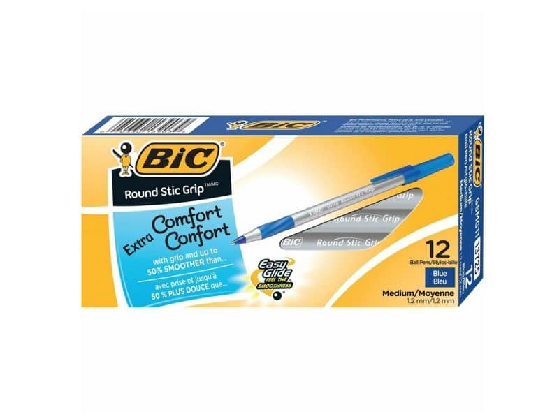 12 stylos à bille Round Stic Grip Bic pointe moyenne bleue