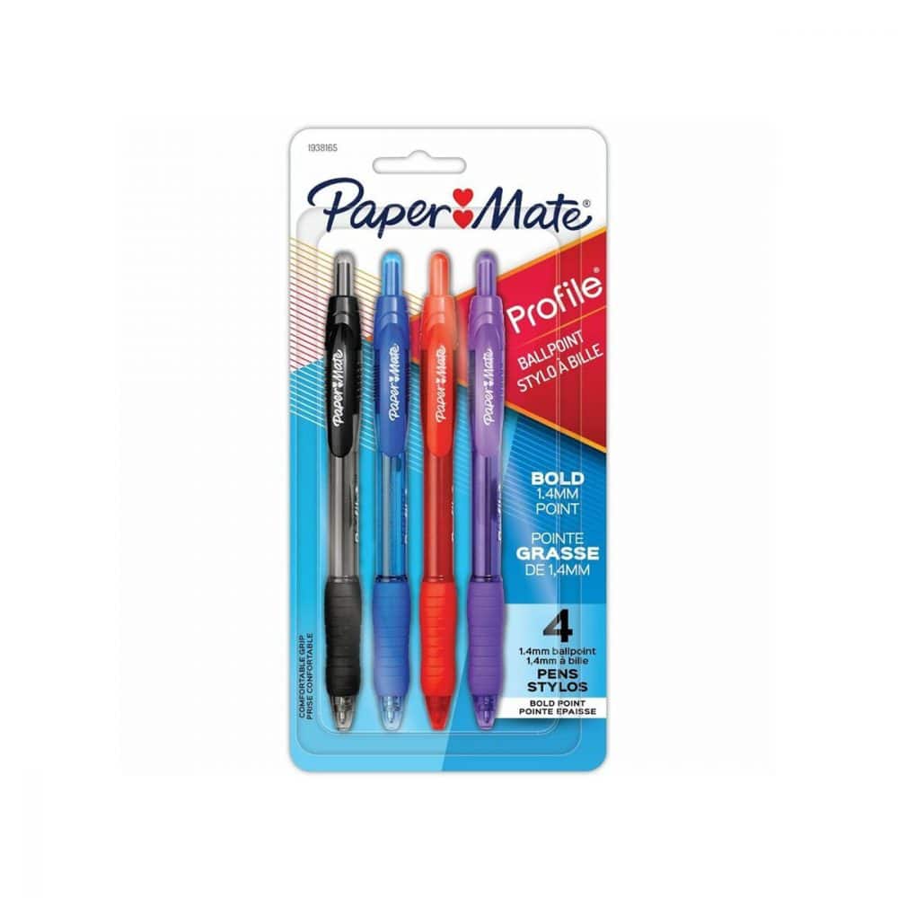 Paquet de 4 stylos rétractables PaperMate Profile 1.4mm