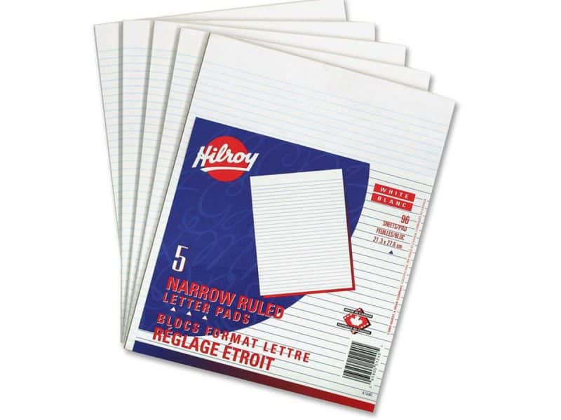 Paquet de 5 blocs lignés 1/4po format lettre Hilroy