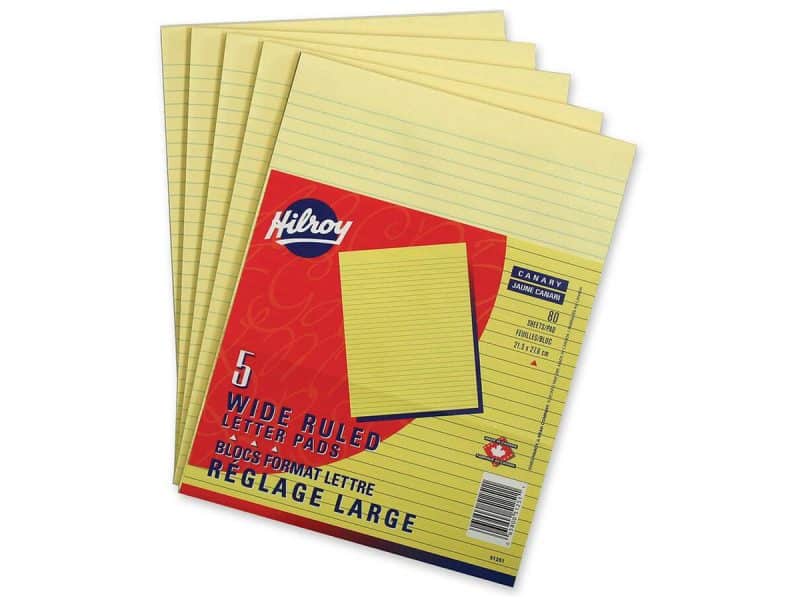 Paquet de 5 blocs lignés canari format lettre Hilroy