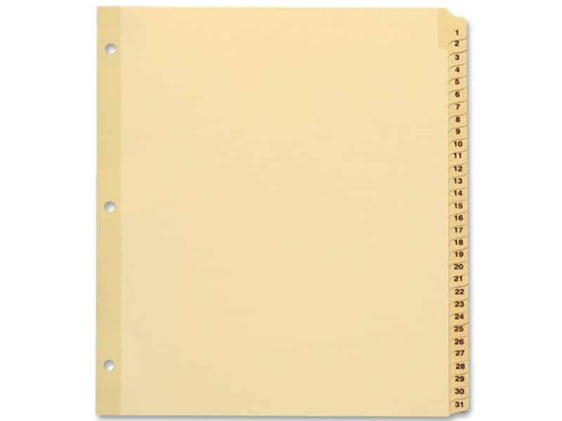 Intercalaires Earthwise onglets numérotés 1-31