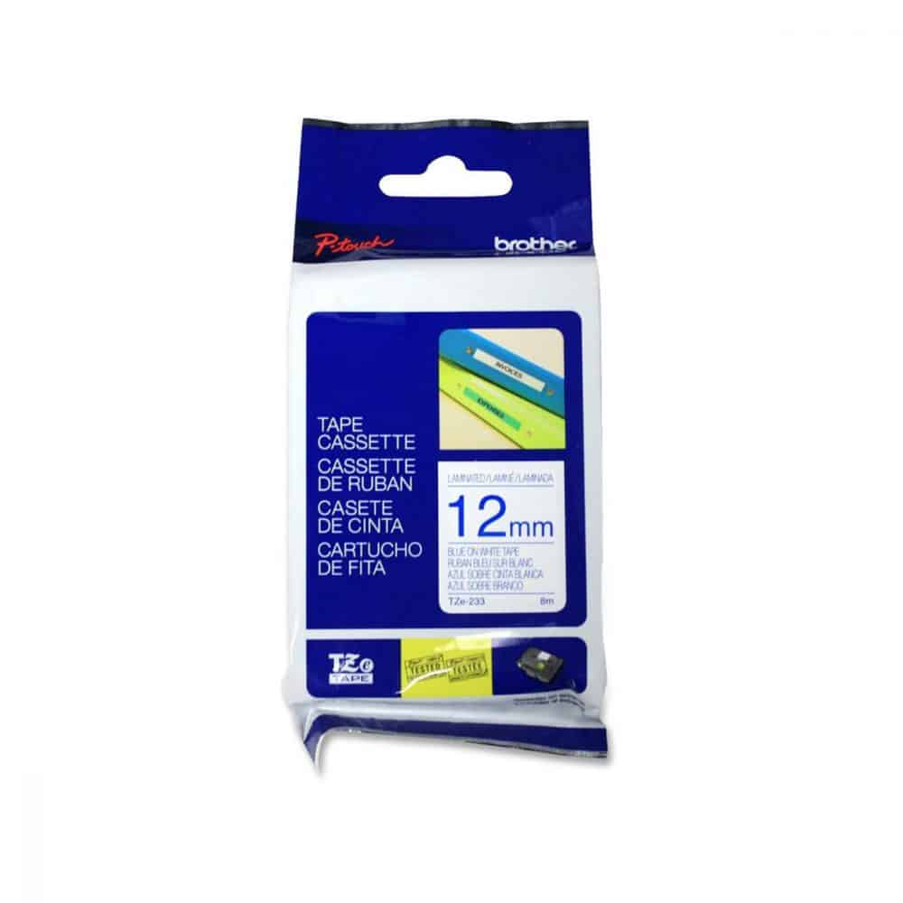 Ruban d'impression P-Touch TZe-233 12mm bleu sur blanc