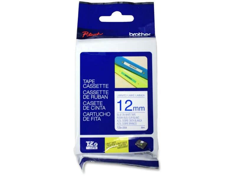 Ruban d'impression P-Touch TZe-233 12mm bleu sur blanc