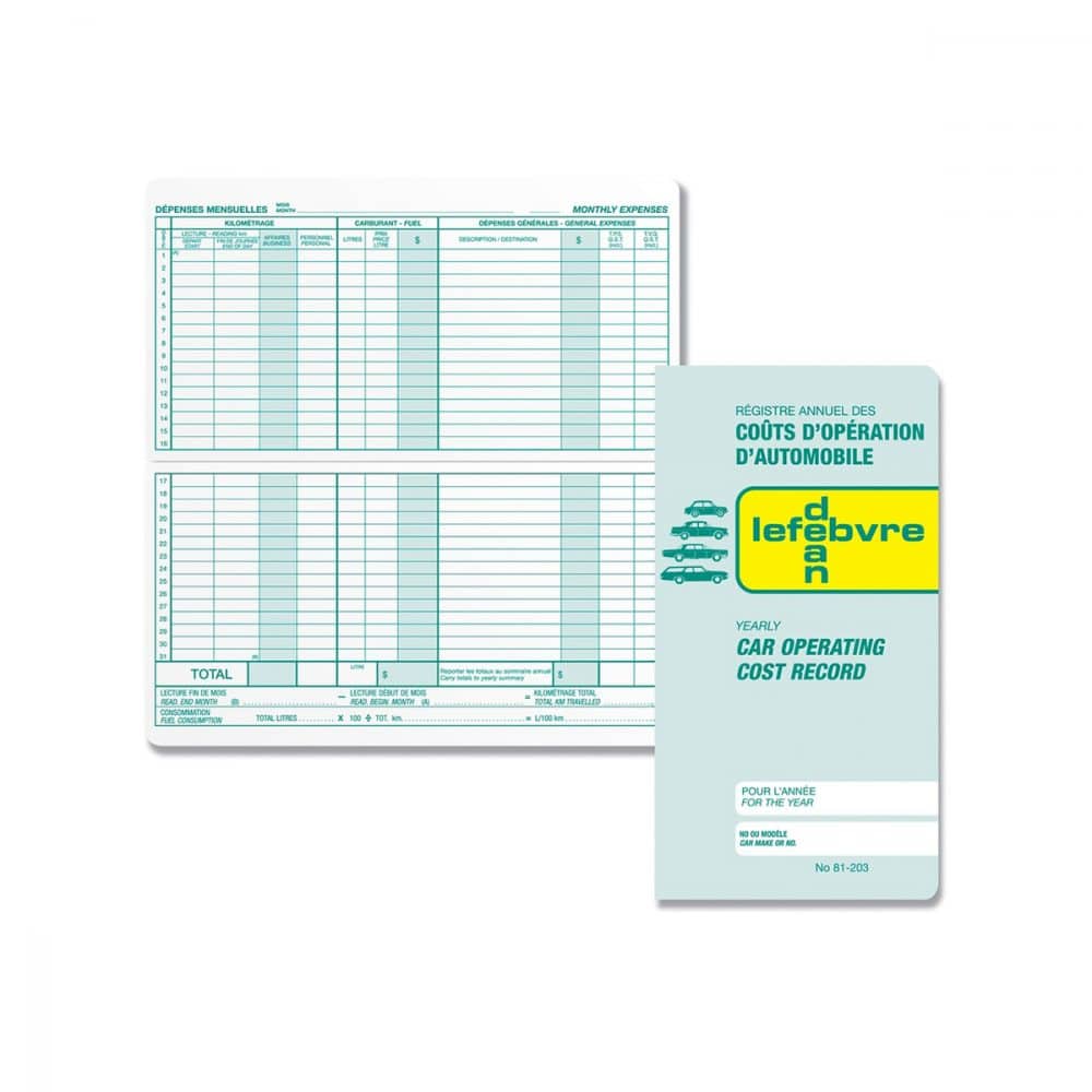 Registre des coûts d'opération d'automobile