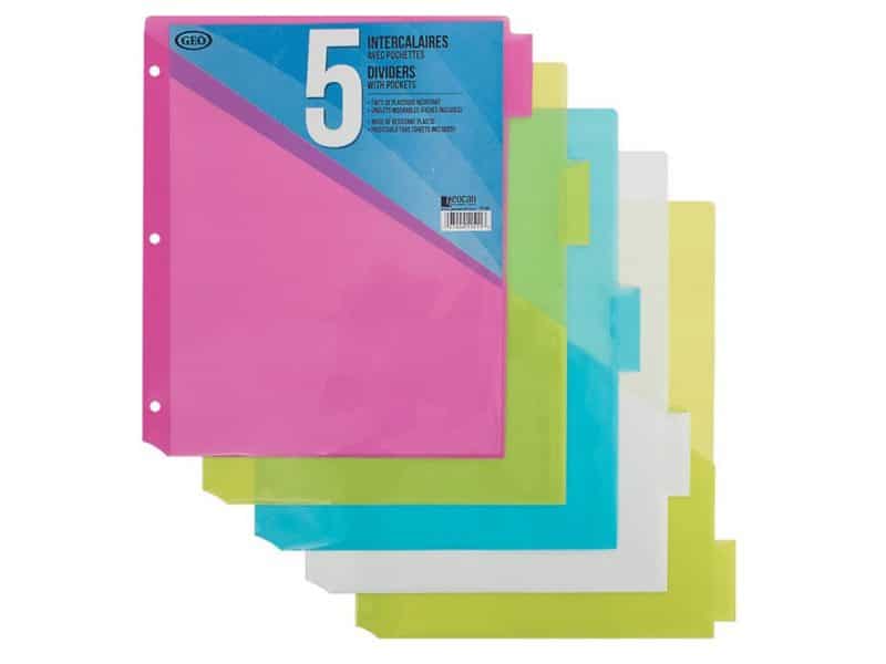 Ensemble de 5 séparateurs en plastique avec pochettes