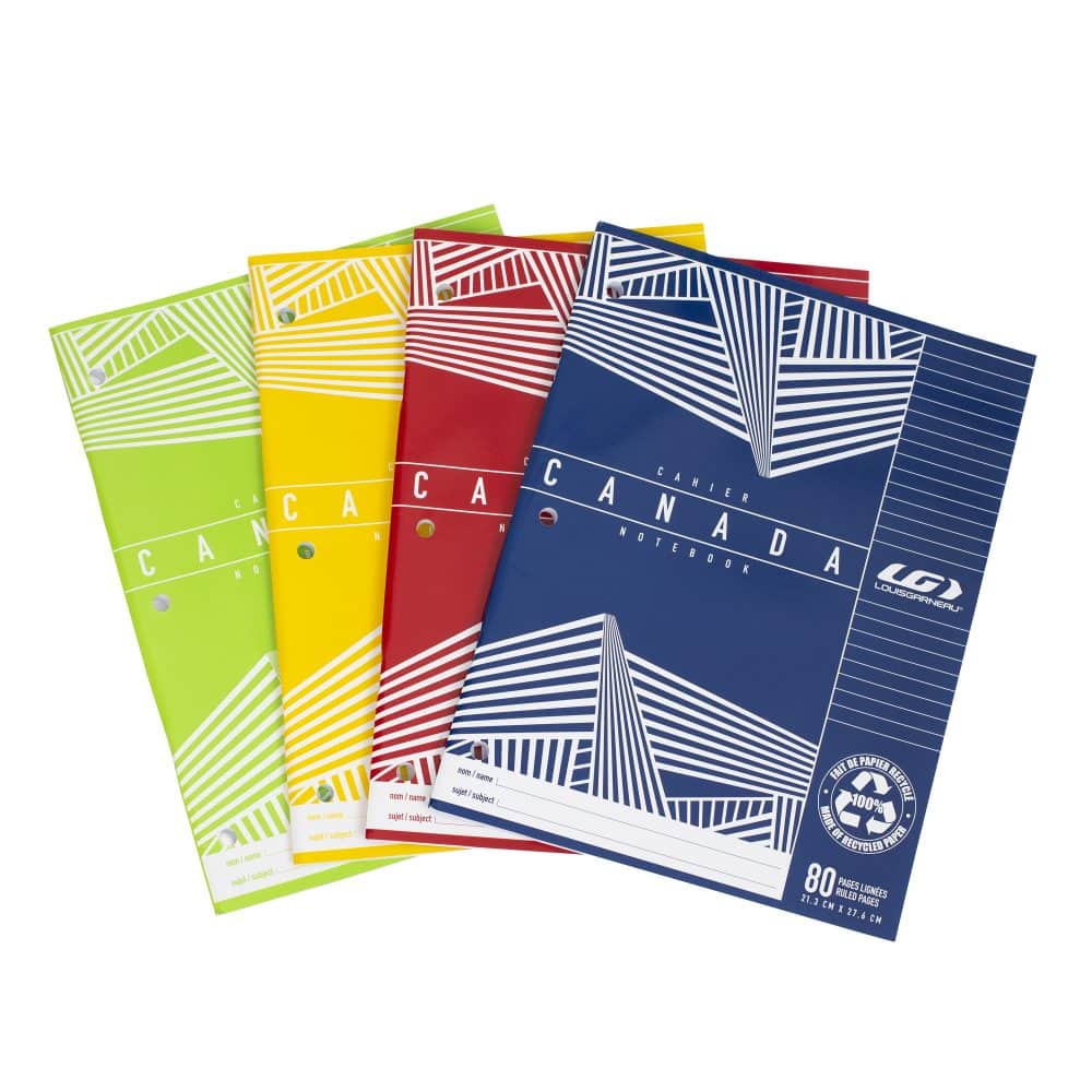 Cahier Canada LG ligné 80 pages - couleurs assorties