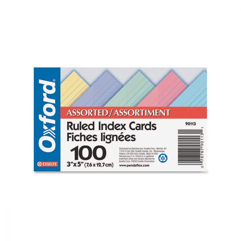 Paquet de 100 fiches lignées 3x5po de couleurs variées