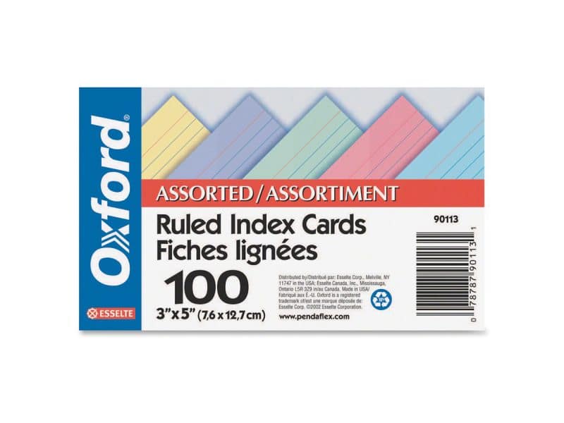 Paquet de 100 fiches lignées 3x5po de couleurs variées