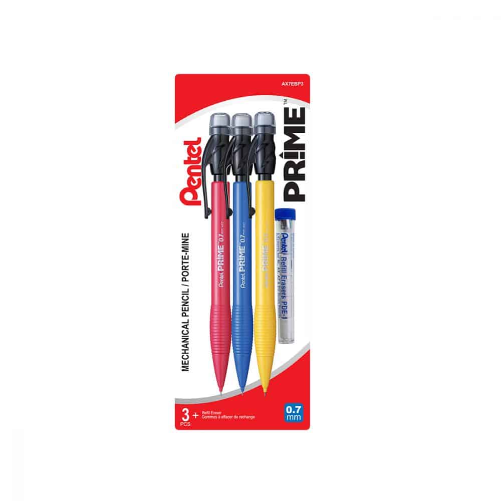 Paquet de 3 porte-mines avec effaces Pentel Prime 0.7