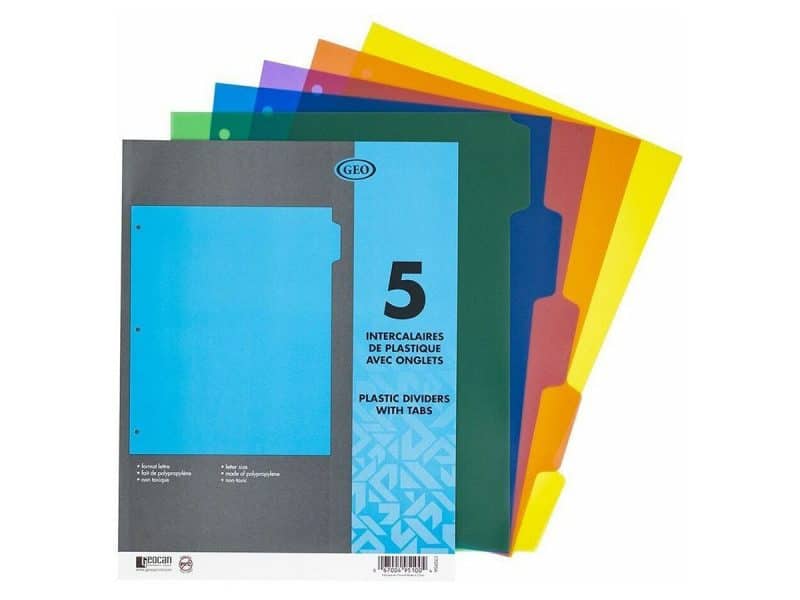 Intercalaires de plastique Geocan avec 5 onglets