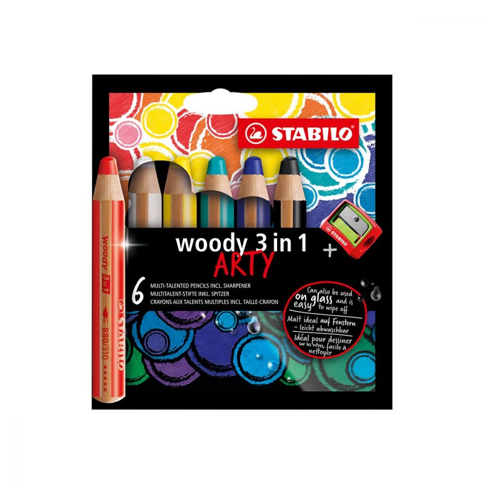 Ensemble de 6 crayons Stabilo Woody 3 en 1 + aiguisoire