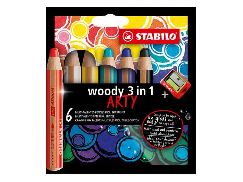 Ensemble de 6 crayons Stabilo Woody 3 en 1 + aiguisoire