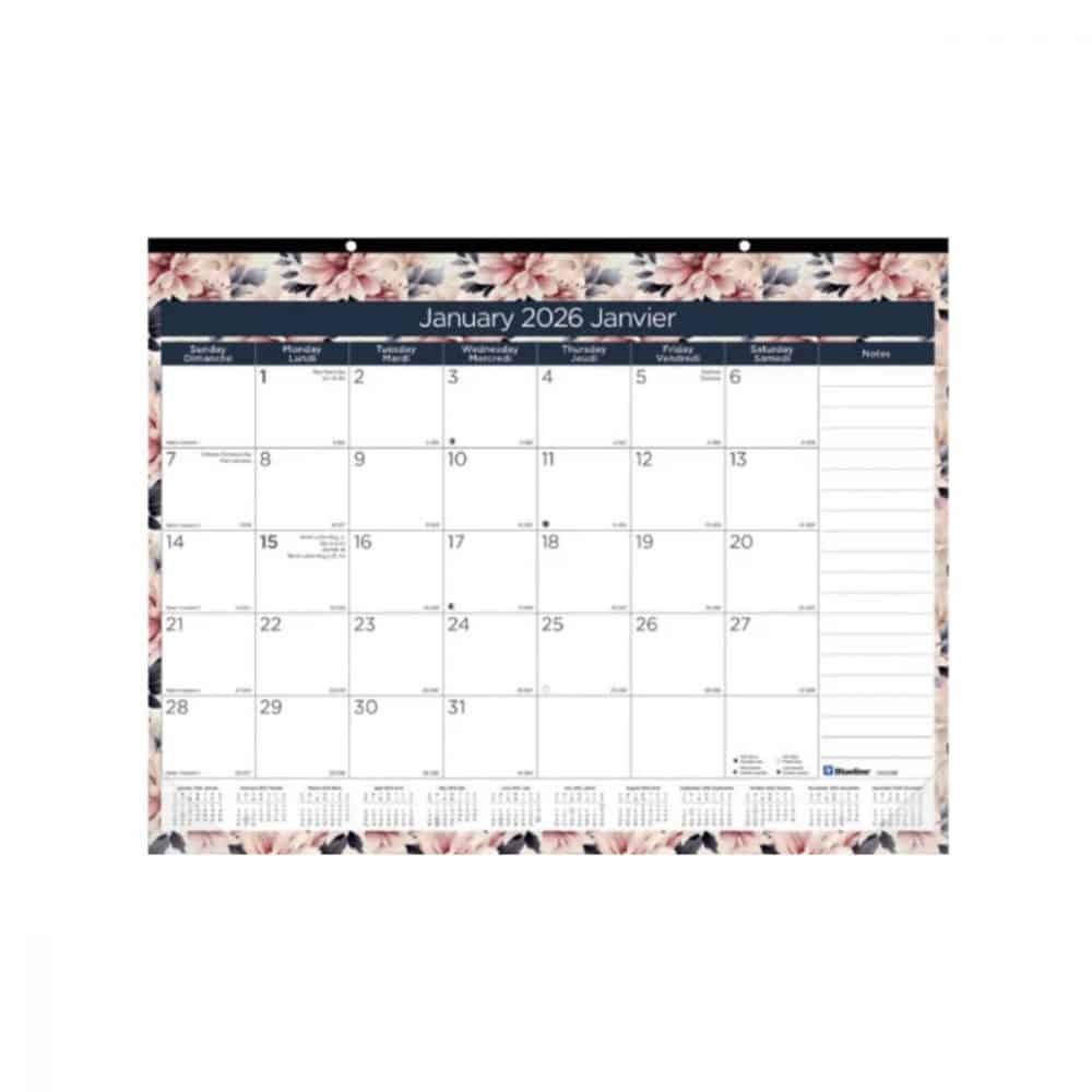 Calendrier sous-main mensuel floral 2026 Blueline