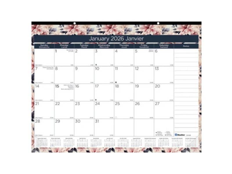 Calendrier sous-main mensuel floral 2026 Blueline