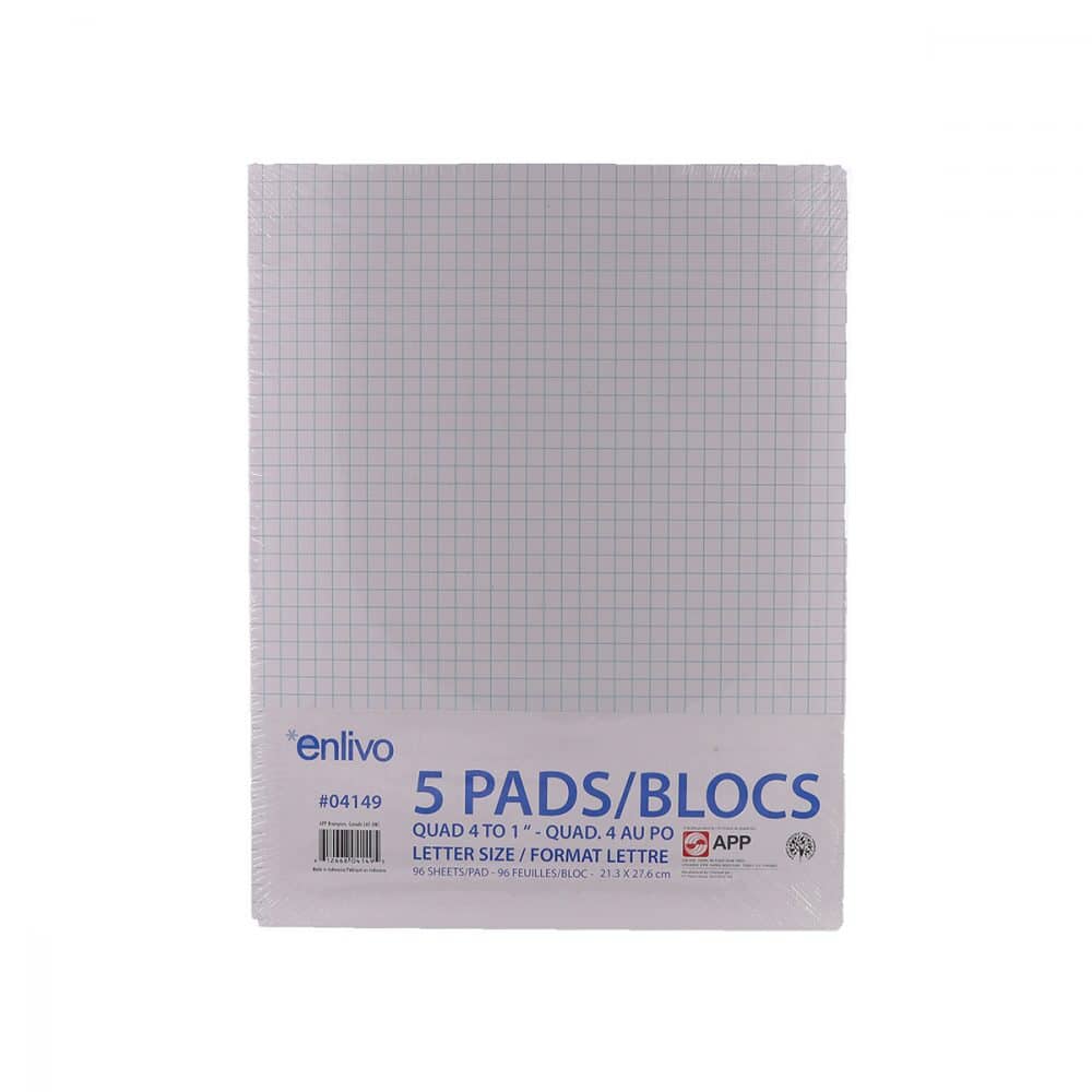 Bloc notes quadrille 4/po 96 feuilles pqt de 5