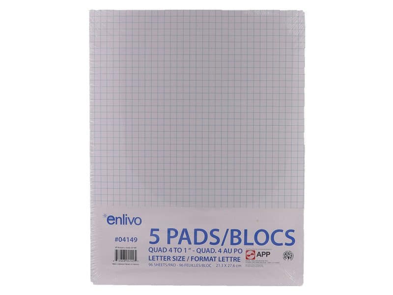 Bloc notes quadrille 4/po 96 feuilles pqt de 5