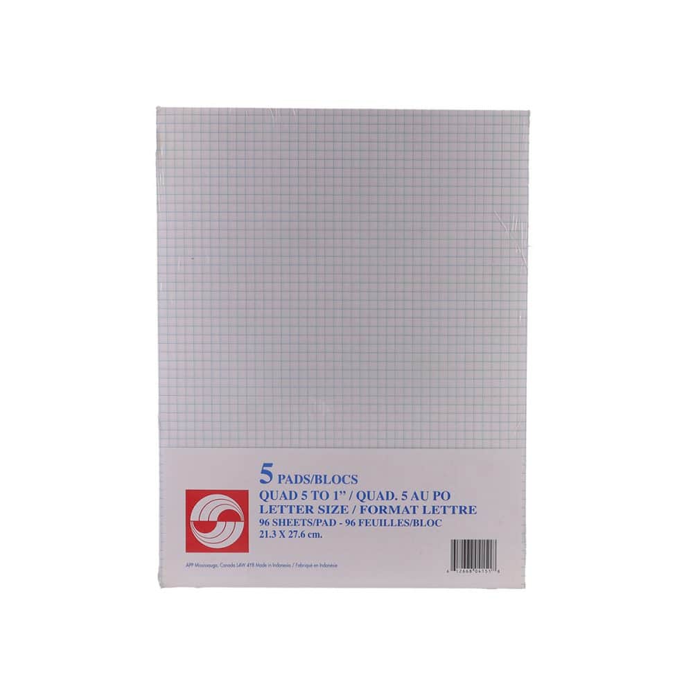 Bloc notes quadrille 5/po 96 feuilles 8,5 x 11 pqt de 5