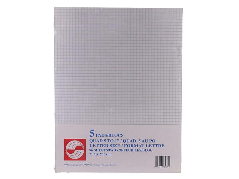Bloc notes quadrille 5/po 96 feuilles 8,5 x 11 pqt de 5
